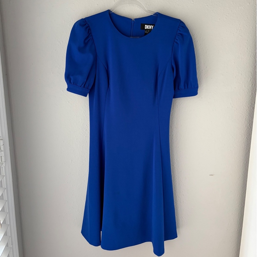 DKNY Womens Royal Blue Puff Sleeve Fit and Flare Dress Size 4 Gold Button Detail